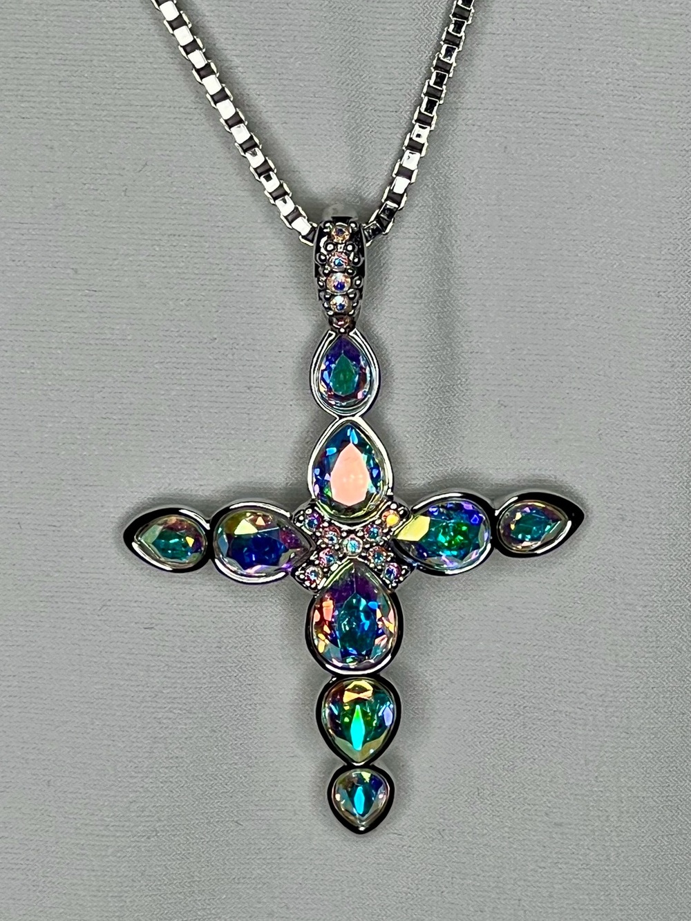 Swarovski Brand Iridescent Crystal Cross Pendant Necklace, Rhodium Plated,NWOT